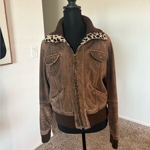 Marcelle Renee Stylish Brown Bomber Jacket with Leopard Details